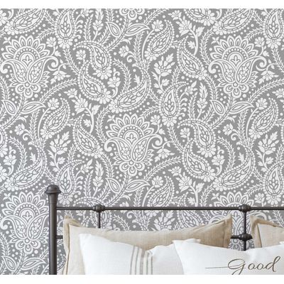 Estampa Floral Paisley - Papel de Parede Vinílico Autoadesivo Estilo Asiático, Decorativo, Fácil DIY para Quarto e Sala, Cinza - S4Sassy 63,5 cm (L) × 914,4 cm (C) / Cinza - Vinil Texturizado