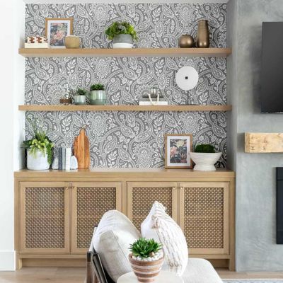 Estampa Floral Paisley - Papel de Parede Vinílico Autoadesivo Estilo Asiático, Decorativo, Fácil DIY para Quarto e Sala, Cinza - S4Sassy 63,5 cm (L) × 914,4 cm (C) / Cinza - Vinil Texturizado