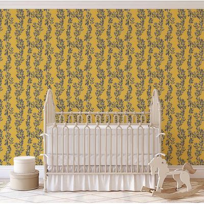 Papel de Parede Autoadesivo Estampa Vinha Vintage Amarelo Removível Vinil Descole e Cole para Parede de Destaque da Entrada - S4Sassy 63,5 cm (L) × 152,4 cm (C) / Amarelo - Vinil Texturizado
