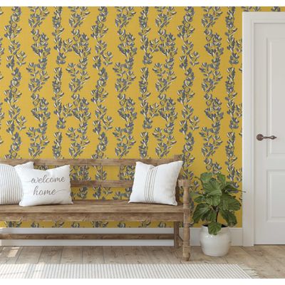 Papel de Parede Autoadesivo Estampa Vinha Vintage Amarelo Removível Vinil Descole e Cole para Parede de Destaque da Entrada - S4Sassy 63,5 cm (L) × 152,4 cm (C) / Amarelo - Vinil Texturizado