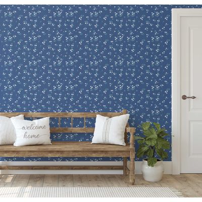 Papel de Parede Autoadesivo Removível Pequeno Floral Meia-Noite Azul para Quarto, Banheiro, Lavanderia e Closet - S4Sassy 63,5 cm (L) × 914,4 cm (C) / Azul - Vinil Liso