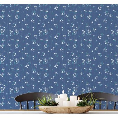 Papel de Parede Autoadesivo Removível Pequeno Floral Meia-Noite Azul para Quarto, Banheiro, Lavanderia e Closet - S4Sassy 63,5 cm (L) × 914,4 cm (C) / Azul - Vinil Liso