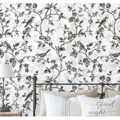 Papel de Parede Autoadesivo Preto com Pássaros Vintage e Flores - Vinil Removível Peel-and-Stick para Parede de Entrada - S4sassy 63,5 cm (L) × 609,6 cm (C) / Preto - Vinil Liso