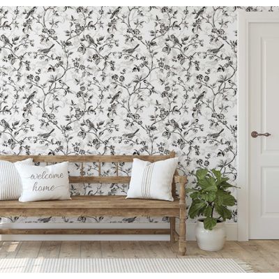 Papel de Parede Autoadesivo Preto com Pássaros Vintage e Flores - Vinil Removível Peel-and-Stick para Parede de Entrada - S4sassy 63,5 cm (L) × 609,6 cm (C) / Preto - Vinil Liso