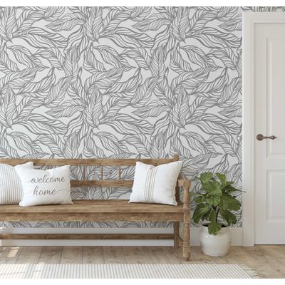 Papel de Parede Vinílico Autoadesivo Estampa Folha Tropical à Mão, Impermeável Cinza, Removível para Quartos e Salas, Aluguéis - S4Sassy 63,5 cm (L) × 152,4 cm (C) / Cinza - Vinil Liso