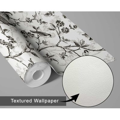 Papel de Parede Autoadesivo Preto com Pássaros Vintage e Flores - Vinil Removível Peel-and-Stick para Parede de Entrada - S4sassy 63,5 cm (L) × 914,4 cm (C) / Preto - Vinil Texturizado
