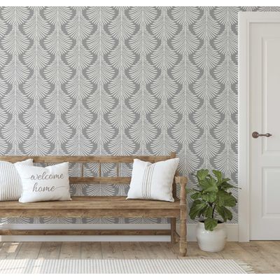 Papel de Parede Vinílico Autoadesivo Estampa Folha de Pinheiro Monocromo Cinza Impermeável Para Dormitório, Sala e Locatários - S4Sassy 63,5 cm (L) × 304,8 cm (C) / Cinza - Vinil Texturizado