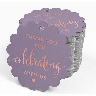 Obrigado por Celebrar Conosco - Etiquetas Foil para Lembrancinhas - Chá de Noiva/Chá de Bebê/Aposentadoria/Casamento/Aniversário - Inkdotpot 100 Etiquetas Metalizadas / Roxo - Ouro Rosé