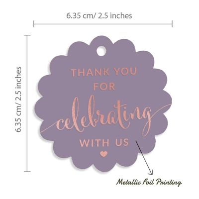 Obrigado por Celebrar Conosco - Etiquetas Foil para Lembrancinhas - Chá de Noiva/Chá de Bebê/Aposentadoria/Casamento/Aniversário - Inkdotpot 100 Etiquetas Metalizadas / Roxo - Ouro Rosé