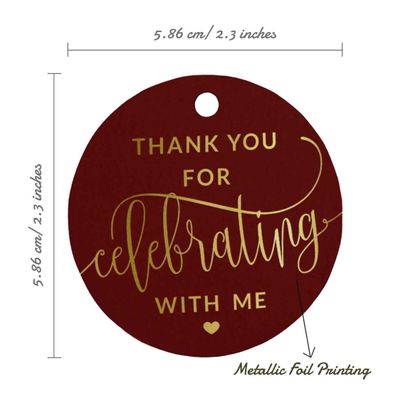 Etiqueta de Papel para Lembrancinha de Aniversário 'Obrigado por Celebrar Comigo' com Foil para Pendurar - Inkdotpot 100 Etiquetas Metalizadas / Vermelho - Prata