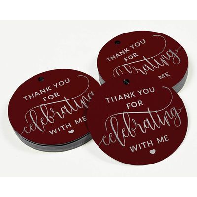 Etiqueta de Papel para Lembrancinha de Aniversário 'Obrigado por Celebrar Comigo' com Foil para Pendurar - Inkdotpot 100 Etiquetas Metalizadas / Vermelho - Prata