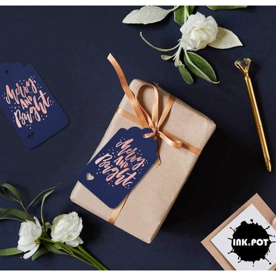 Etiquetas Pendentes Metalizadas para Garrafas de Natal 'Feliz e Brilhante' - Inkdotpot 100 Etiquetas Metalizadas / Azul - Ouro Rosé