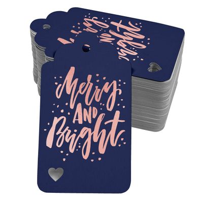 Etiquetas Pendentes Metalizadas para Garrafas de Natal 'Feliz e Brilhante' - Inkdotpot 100 Etiquetas Metalizadas / Azul - Ouro Rosé