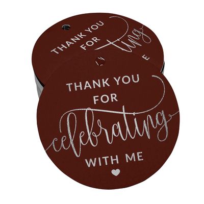 Tag para Garrafa 'Obrigado por Celebrar Comigo' Aniversário, Tag Pendurar Metalizado para Lembrancinha - Inkdotpot 50 Etiquetas Metalizadas / Marrom - Prata
