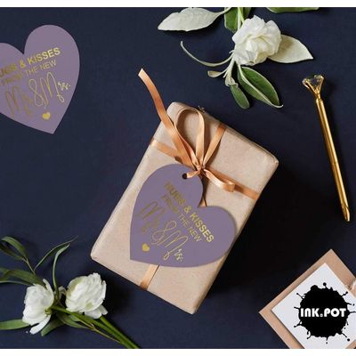 Etiqueta de Papel para Lembrancinha de Casamento 'Abraços e Beijos' com Foil para Artesanato - Inkdotpot 50 Etiquetas Metalizadas / Roxo - Prata
