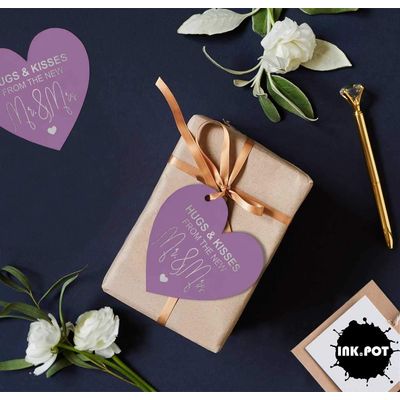 Etiqueta de Papel para Lembrancinha de Casamento 'Abraços e Beijos' com Foil para Artesanato - Inkdotpot 50 Etiquetas Metalizadas / Roxo - Prata