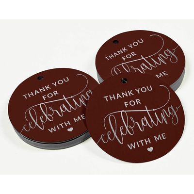 Tag para Garrafa 'Obrigado por Celebrar Comigo' Aniversário, Tag Pendurar Metalizado para Lembrancinha - Inkdotpot 50 Etiquetas Metalizadas / Marrom - Prata