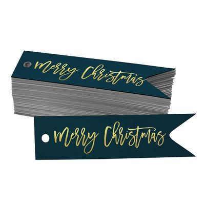 Etiquetas de Papel para Lembrancinhas 'Merry Christmas' com Folha Metalizada para Pendurar - Inkdotpot 50 Etiquetas Metalizadas / Azul - Dourado