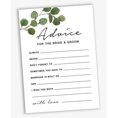 Pacote com 50 Cartões Greenery com Conselhos e Votos para a Noiva e o Noivo, Atividade de Jogo Sr. e Sra. 13x18 cm - Inkdotpot 12,7 Cm × 17,78 Cm / Branco