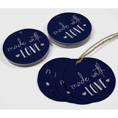 Etiquetas de Papel para Lembrancinhas com Texto 'Made with Love' em Foil Artesanal - Inkdotpot 50 Etiquetas Metalizadas / Azul - Prata