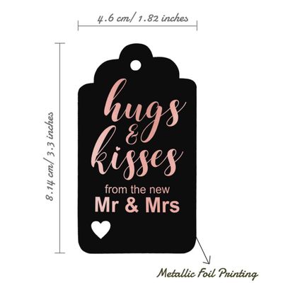 Etiquetas Pendentes Metalizadas para Lembrancinhas de Garrafa de Casamento 'Abraços e Beijos' - Inkdotpot 50 Etiquetas Metalizadas / Preto - Ouro Rosé