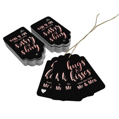Etiquetas Pendentes Metalizadas para Lembrancinhas de Garrafa de Casamento 'Abraços e Beijos' - Inkdotpot 50 Etiquetas Metalizadas / Preto - Ouro Rosé