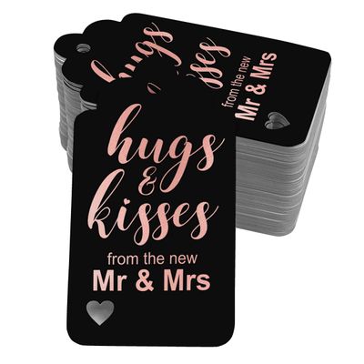 Etiquetas Pendentes Metalizadas para Lembrancinhas de Garrafa de Casamento 'Abraços e Beijos' - Inkdotpot 50 Etiquetas Metalizadas / Preto - Ouro Rosé