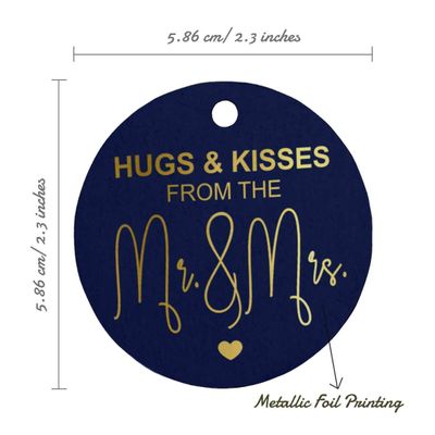 Tag para Garrafa de Lembrancinha de Casamento com Folheado "Beijos e Abraços do Casamento" - Inkdotpot 50 Etiquetas Metalizadas / Azul - Ouro Rosé
