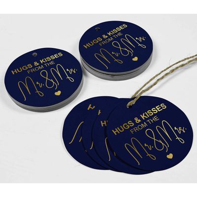 Tag para Garrafa de Lembrancinha de Casamento com Folheado "Beijos e Abraços do Casamento" - Inkdotpot 50 Etiquetas Metalizadas / Azul - Ouro Rosé