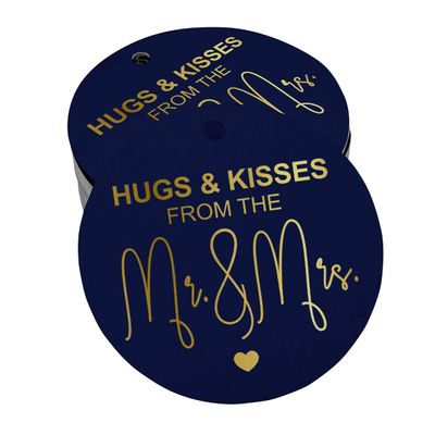 Tag para Garrafa de Lembrancinha de Casamento com Folheado "Beijos e Abraços do Casamento" - Inkdotpot 50 Etiquetas Metalizadas / Azul - Ouro Rosé