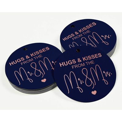 Tag para Garrafa de Lembrancinha de Casamento com Folheado "Beijos e Abraços do Casamento" - Inkdotpot 50 Etiquetas Metalizadas / Azul - Ouro Rosé