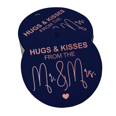 Tag para Garrafa de Lembrancinha de Casamento com Folheado "Beijos e Abraços do Casamento" - Inkdotpot 50 Etiquetas Metalizadas / Azul - Ouro Rosé