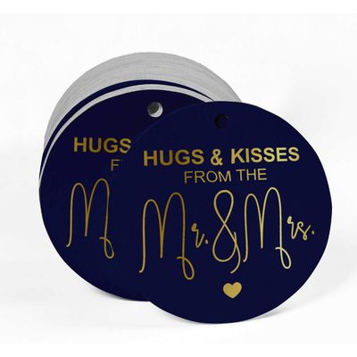 Tag para Garrafa de Lembrancinha de Casamento com Folheado "Beijos e Abraços do Casamento" - Inkdotpot 50 Etiquetas Metalizadas / Azul - Ouro Rosé