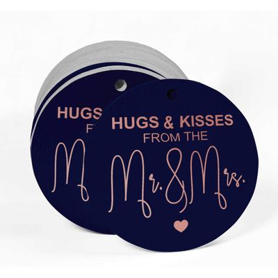 Tag para Garrafa de Lembrancinha de Casamento com Folheado "Beijos e Abraços do Casamento" - Inkdotpot 50 Etiquetas Metalizadas / Azul - Ouro Rosé