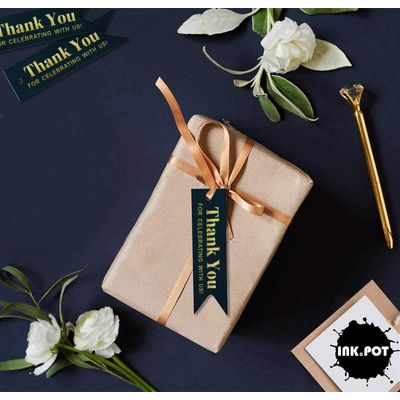 Etiquetas de Papel para Lembrancinha de Chá de Noiva "Agradecemos por Celebrar Conosco" com Foil - Inkdotpot 100 Etiquetas Metalizadas / Azul - Ouro Rosé