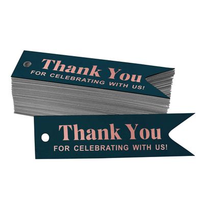 Etiquetas de Papel para Lembrancinha de Chá de Noiva "Agradecemos por Celebrar Conosco" com Foil - Inkdotpot 100 Etiquetas Metalizadas / Azul - Ouro Rosé