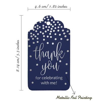 Etiquetas de Papel para Lembrancinha de Aniversário 'Thank You For Celebrating With Me' em Foil para Pendurar - Inkdotpot 50 Etiquetas Metalizadas / Azul - Prata