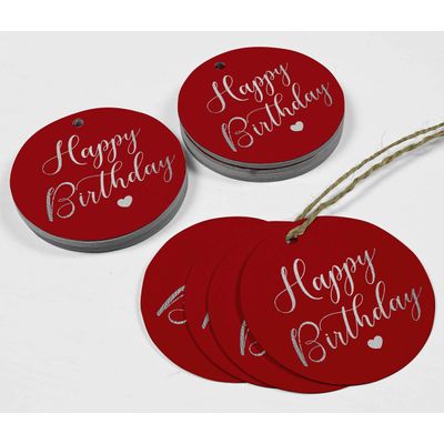 Tags de Papel Metalizado "Happy Birthday" para Lembrancinhas - Inkdotpot 50 Etiquetas Metalizadas / Vermelho - Prata