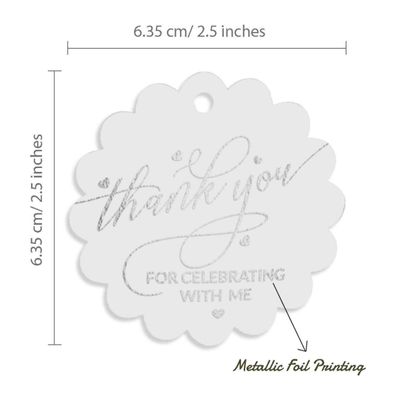 Etiquetas de Papel Metalizado "Obrigado por Comemorar Comigo" para Lembrancinha de Aniversário - Inkdotpot 100 Etiquetas Metalizadas / Branco - Prata