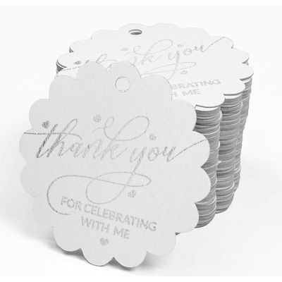 Etiquetas de Papel Metalizado "Obrigado por Comemorar Comigo" para Lembrancinha de Aniversário - Inkdotpot 100 Etiquetas Metalizadas / Branco - Prata