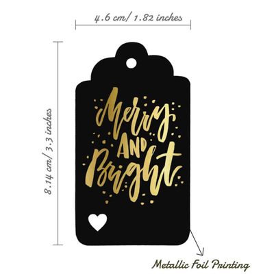 Etiquetas de Papel 'Merry and Bright' para Lembrancinhas de Natal com Foil para Pendurar - Inkdotpot 50 Etiquetas Metalizadas / Preto - Prata