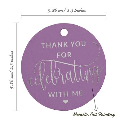 Etiquetas Pendentes de Papel Metalizado para Lembrancinha de Aniversário 'Obrigado por Comemorar Comigo' - Inkdotpot 100 Etiquetas Metalizadas / Roxo - Prata