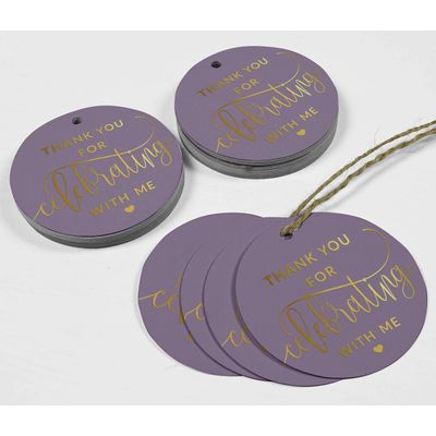 Etiquetas Pendentes de Papel Metalizado para Lembrancinha de Aniversário 'Obrigado por Comemorar Comigo' - Inkdotpot 100 Etiquetas Metalizadas / Roxo - Prata