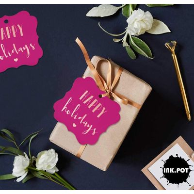 Etiquetas de Papel Metalizadas 'Happy Holiday' para Lembrancinhas, Formato de Colchete, para Pendurar - Inkdotpot 50 Etiquetas Metalizadas / Rosa - Ouro Rosé