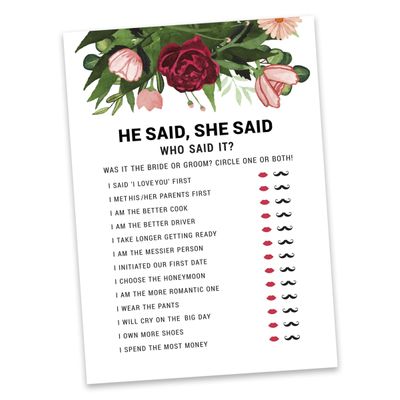 Conjunto de 50 Cartões de Atividade para Jogo de Conselhos e Desejos para Chá de Noiva, Folhagem Floral - Inkdotpot 12,7 Cm × 17,78 Cm / Branco - Ele Disse, Ela Disse