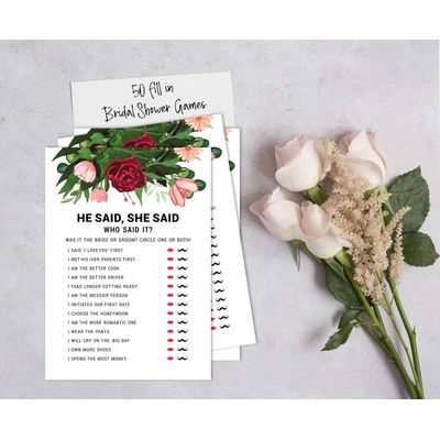 Conjunto de 50 Cartões de Atividade para Jogo de Conselhos e Desejos para Chá de Noiva, Folhagem Floral - Inkdotpot 12,7 Cm × 17,78 Cm / Branco - Ele Disse, Ela Disse