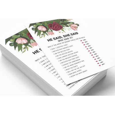 Conjunto de 50 Cartões de Atividade para Jogo de Conselhos e Desejos para Chá de Noiva, Folhagem Floral - Inkdotpot 12,7 Cm × 17,78 Cm / Branco - Ele Disse, Ela Disse