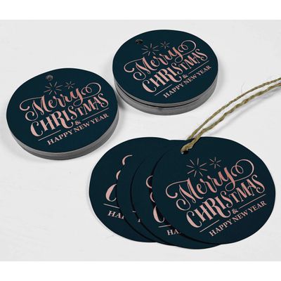 Etiquetas de Papel Metalizado para Lembrancinhas e para Pendurar com o Texto 'Merry Christmas & Happy New Year' - Inkdotpot 50 Etiquetas Metalizadas / Azul - Ouro Rosé