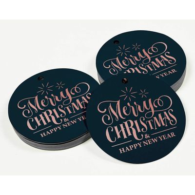 Etiquetas de Papel Metalizado para Lembrancinhas e para Pendurar com o Texto 'Merry Christmas & Happy New Year' - Inkdotpot 50 Etiquetas Metalizadas / Azul - Ouro Rosé