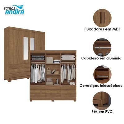 Guarda Roupa Colombo 6 Portas 9 Gavetas Com Espelho Jatobá Acetinado - Santos Andirá